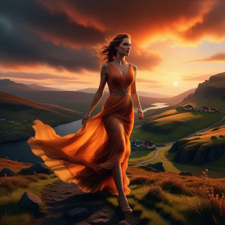Ultra realistic color pencil  image a beautiful woman running through the Scottish highlands in a very long flowing cocktail dress, in the sunset,
BREAK
Deep dark intense dark organge misty background, Dark theme, dynamic lighting, (soft shadows), (soft focus), (photo realistic), uhd, 8k