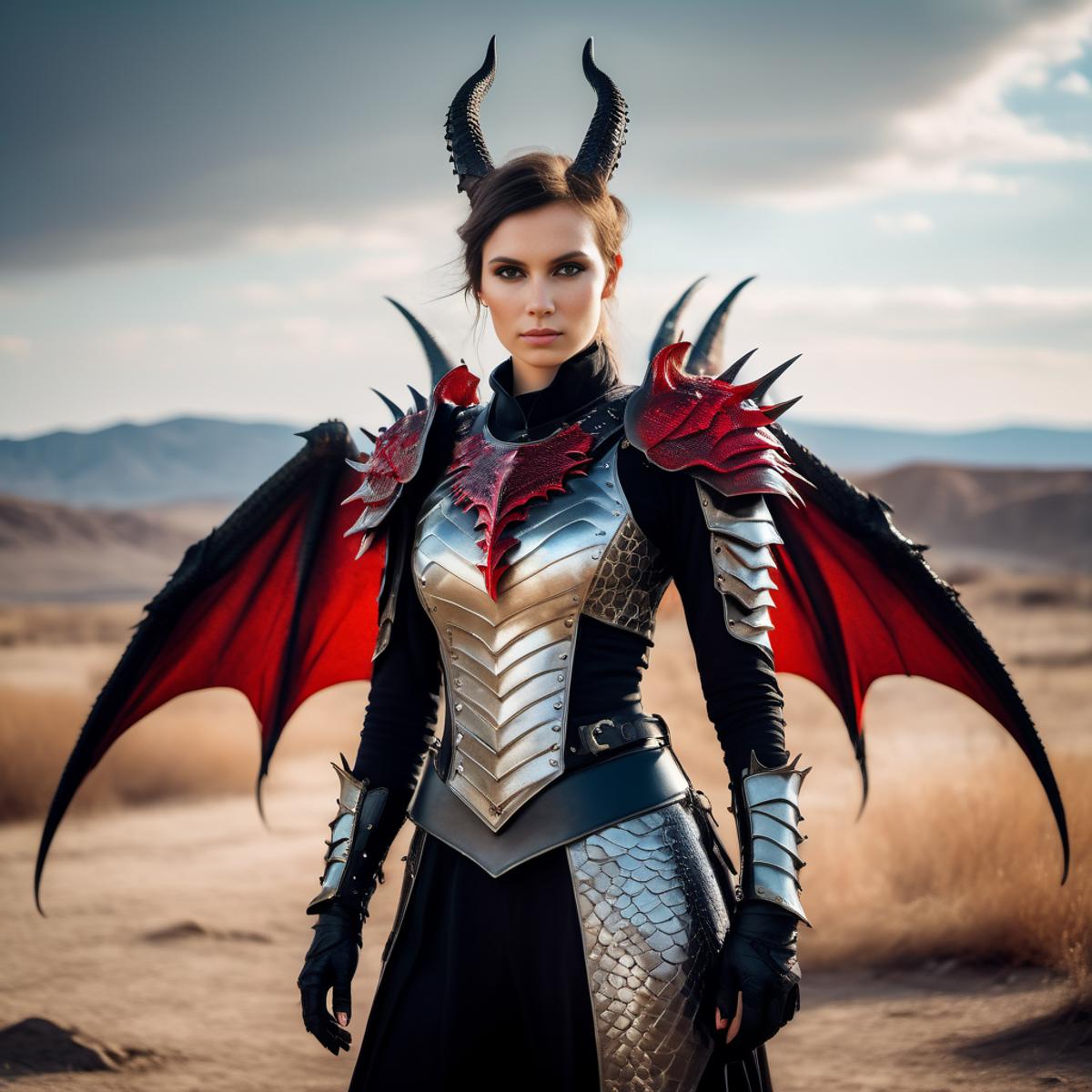 Woman in a metal armor costume with red wings and horns standing in a desert.