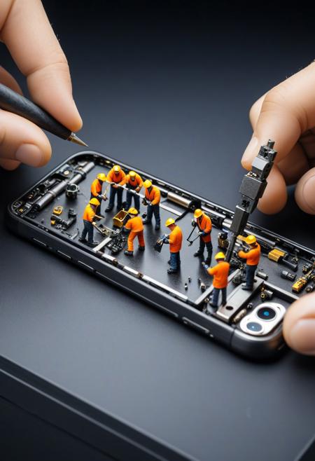 masterpiece, absurdres, 8k, HQ, Realistic photo of a a group of miniature people are repairing a forged carbon smartphone's internals, with a tilt-shift effect to enhance realism, Miniature world, full detail.
