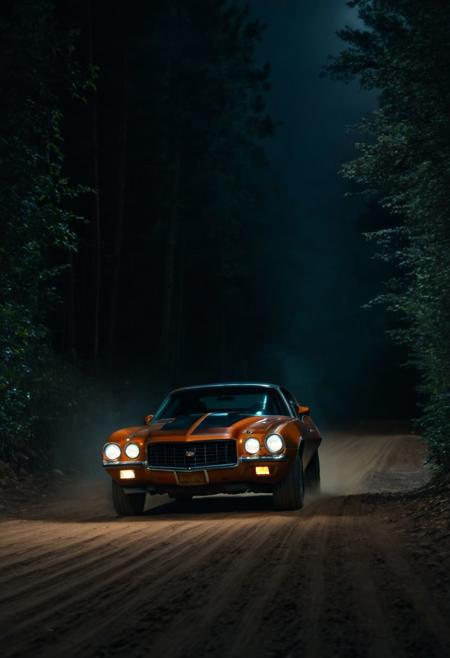 macro photo of a beautiful muscle car (classic 1972 chevy camero) on a banked dirt road turning in the forest at (night), dark, (zavy-dtchngl), cinematic still, The Fast and the Furious movie screencap, dynamic,