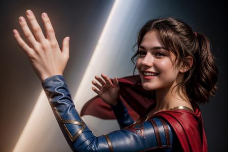 DC movies,photo of a 18 year old girl,supergirl,high five,happy,laughing,ray tracing,detail shadow,shot on Fujifilm X-T4,85mm f1.2,sharp focus,depth of field,blurry background,bokeh,motion blur,<lora:add_detail:1>,