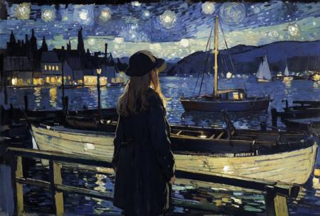 1girl,Harbour,Van Gogh's Starry Night:background,Light Color Artist,Loneliness,Long hair