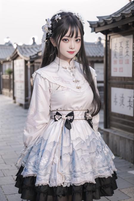 realistic, photorealistic, masterpiece, best quality, 1girl, solo, smile, looking at viewer, long black hair, cowboy shot, cns_dress, pettiskirt, standing, arms behind back, (china jiangnan water town style:1.1), beautiful sky, netural lighting,<lora:Cute Asian Face:0.65> ,  <lora:cns_dress_style3_v2:0.7>