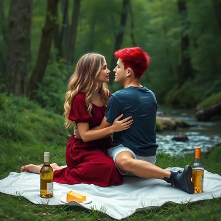 abstract dreamy art image in style of a couple sitting and embracing each other and starting into each other eyes. by a small stream in a green forest. girl has long wavy blond hair, wearing dark red cotton dress. the boy has very short hair dyed scarlet red, white shorts and a dark blue tshirt. they are both sitting on a white picnic sheet with a bottle of white wine and some cheese.