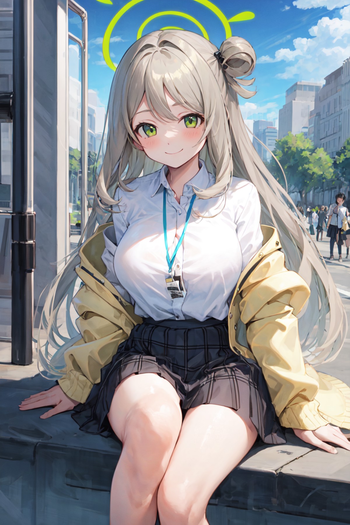 masterpiece, best quality, ultra-detailed, 1girl, nonomi, white shirt, pleated skirt, yellow jacket, outdoors,smile <lora:...