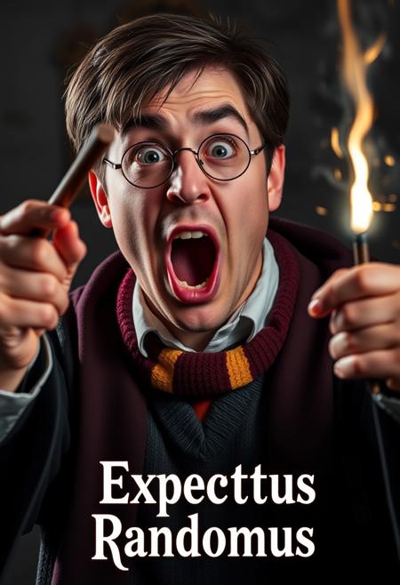Candid photograph of a man with exaggerated facial expressions dressed as a harry potter student wizard. he is casting a spell with his wand in a dramatic gesture screaming the incantation. The text "Expectus Randomus" appears on screen in a font of magical light bolt. his face while realistic looks like a Japanese chi-bi caricature his mouth opened in a tightly lipped O, his lips plum, his eyes looking up his eyes in a crescent moon shape the bottom like manga characters are when content with themselves, eyebrows raised, giving him the allure of a dim person, of low intelligence and even a little dumb, simply put, he looks like an idiot cartoon character. The lights and shadows from the spell accentuate his facial lines.