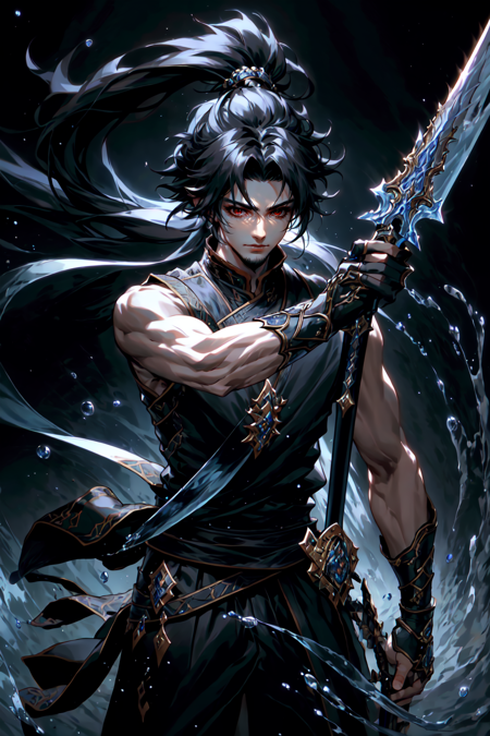 masterpiece, official art, best quality , extremely detailed, fantasyv2, solo, 1boy, male focus, long hair, black hair, closed mouth, ponytail, holding, holding sword, sword, water, depth of field, rembrandt lighting, chinese clothes , <lora:fantasyv2:0.6>