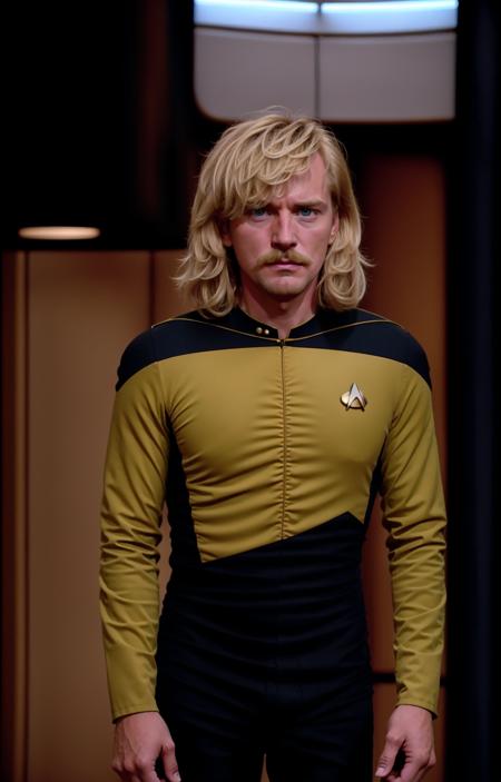 a blond man with long hair and moustache in a yellow and black trekngs1 uniform, 8k uhd, dslr, soft lighting, high quality, film grain, higly detailed face,ultra detailed,masterpiece quality,Fujifilm XT3 <lora:STTNGV018:0.8>