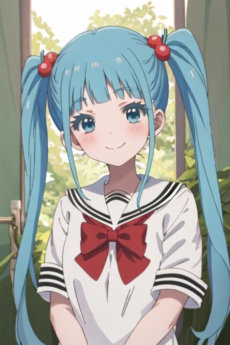 nijimi_anazawa_mahoushoujosite blue_hair, twintails, long_hair, blue_eyes, hair_ornament, hair_bobbles, blush, bangs