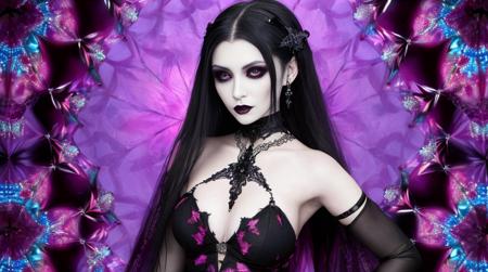 beautiful goth vampiress, kaleidoscope background, <lora:kaleidoscopic_v1.0.1:0.6>