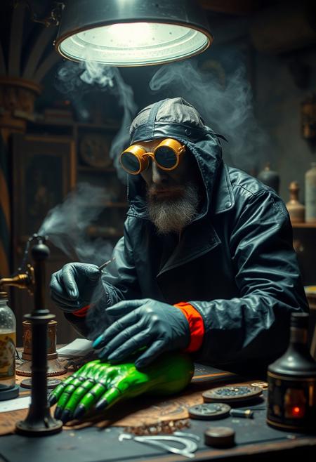 A mad scientist in his lair, wearing black rubber overcoal, galoshes, thick rubber gloves, and brass goggles, works on frankenstein's monster on a table, rainbow monster, steampunk, cyberpunk, hyper maximalism