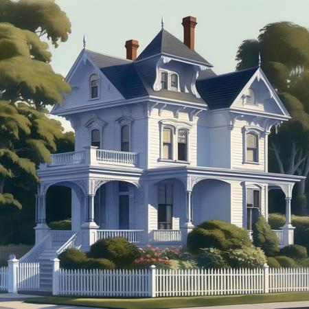 <lora:03realismPainting_Hap_XL:2.5>, house, white, picket fence, garden, trees, summer, sunlight, Victorian architecture, residential, blue sky, shadows, greenery, home, front yard, peaceful, suburban,