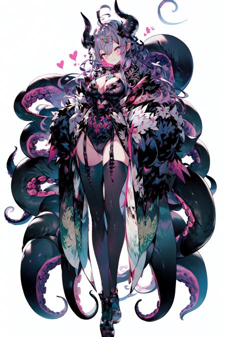 <lora:Cthulhu:1>, 1girl, solo, breasts, long hair, thighhighs, underwear, full body, large breasts, white background, pink hair, braid, panties, simple background, looking at viewer, mismatched legwear, asymmetrical legwear, purple eyes, hand on own chest, side-tie panties, pelvic curtain, cleavage, hair ornament, black panties, heart, long sleeves, bangs, dress, smile, standing, tail, blush, demon tail, very long hair, twin braids, asymmetrical footwear, horns, demon girl, ahoge, string panties, closed mouth