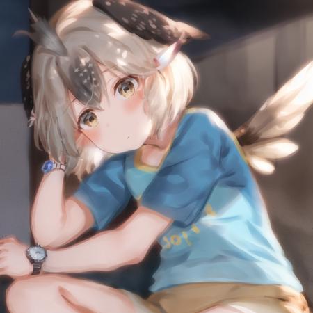 kusomeepchan, 1girl, ((solo)), shirt, beige hair, short sleeves, head wings, bird tail, beige bike shorts, short hair, hair between eyes, aqua t-shirt, shirt writing, bangs, hair tubes, yellow eyes, feather hair ornament, sidelocks, bare arms, watch, detailed shading, detailed ambient light