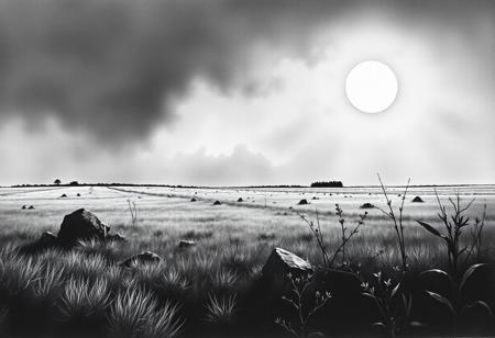 a dark and gloomy landscape of the desolate field in the summer day. despite the middle of the day and the bright sun the whole landscape is haunting with emptiness. the picture is painted only in black and white watercolours. The background is black. 
there are some stones in the fields, wild plants, weed, etc.
the field is the remnant of a crop in the village