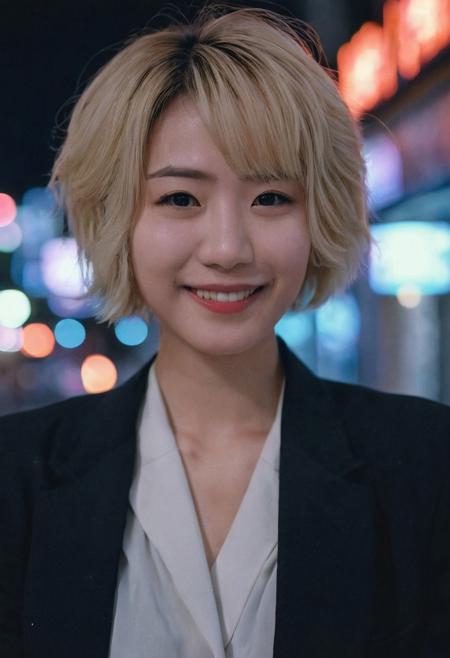 A beautiful female model, Japanse, short blonde hair, wearing regal makeup, wearing a black suit, casual wear, in a Japanese city center, night, blue filter, Bokeh, smiling, nostalgic, detailed, UHD, DSLR, soft lighting, the 1990s, VHS footage