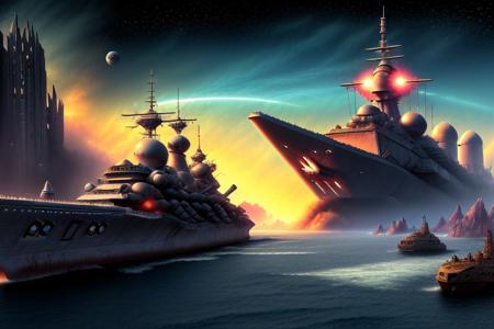 a space pirate battleship among the ruins of an advanced, futuristic city
