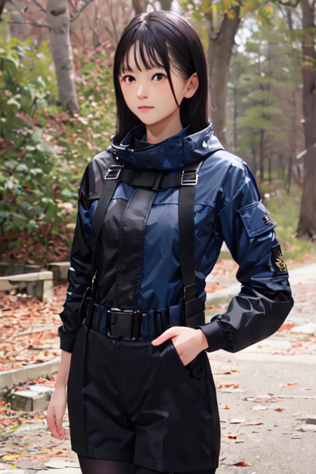 Sakurai Sara, long hair, bang, a jacket, and blue coat, black shorts,