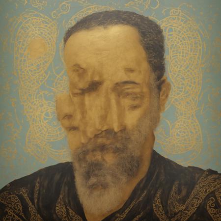 change the image with a great piece of art fayoum portrait  with greek golden patterns in the background 