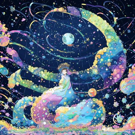 (masterpiece, best quality), 1girl, flower, brown hair, moon, star (symbol), closed eyes, short hair, crescent, crescent moon, cat