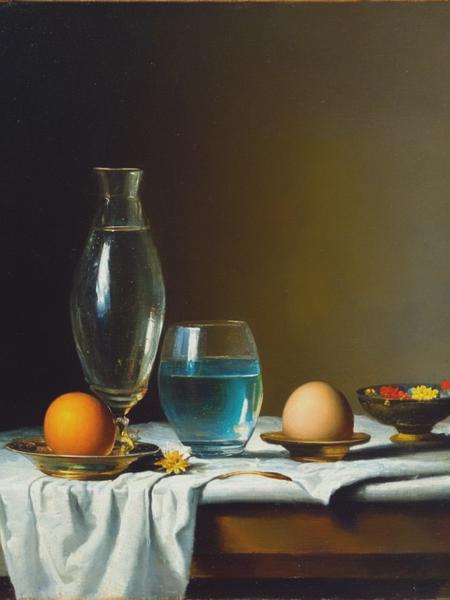 <lyco:Jean-BaptisteSimeonChardin:1.0> a recently discovered 18th century still-life oil painting in the granular impasto style of Jean-Baptiste-Simeon Chardin. Water glasses, water bottles, dry flowers, eggs, cloth, light from open window on the left, reflections on the wet wall. This is an old painting with thick visible textures rendered by a palette knife, the paint appears to be coming out of the canvas.