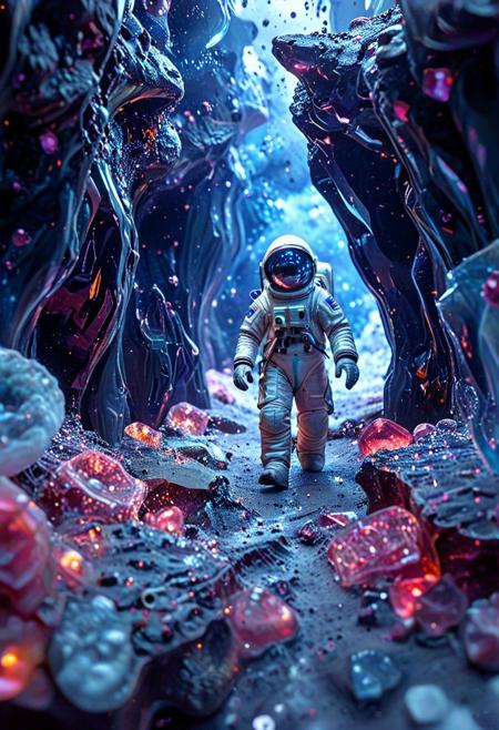 8k, Tilt shift photography style, a astronaut, blue mirror visor, running, ( Unmanned:1.2), Psychedelic gemstone caves, nebula background,