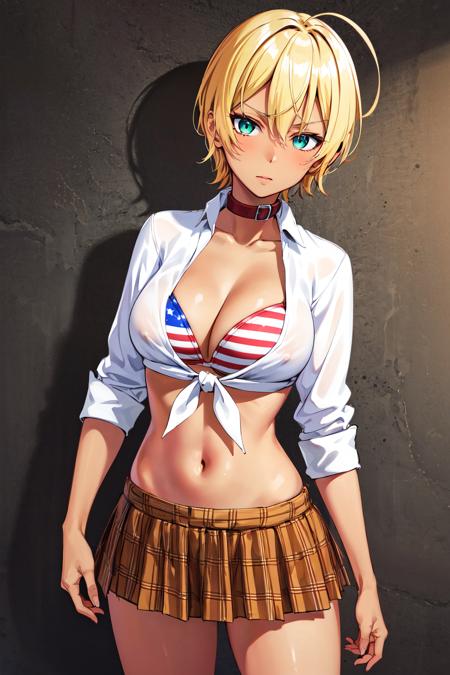 masterpiece, best quality, highres, mi1, dark skin, blonde hair, ahoge, green eyes, blue eyes, american flag bikini, plaid skirt, collar, bikini top only, tied shirt, <lora:mito_ikumi_v10:0.7>, cowboy shot, standing