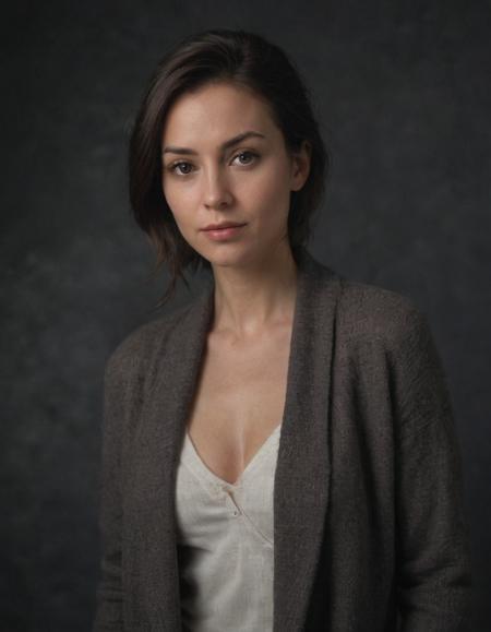 centered, portrait photo of 35 y.o woman, open jacket, sweater, natural skin, dark shot