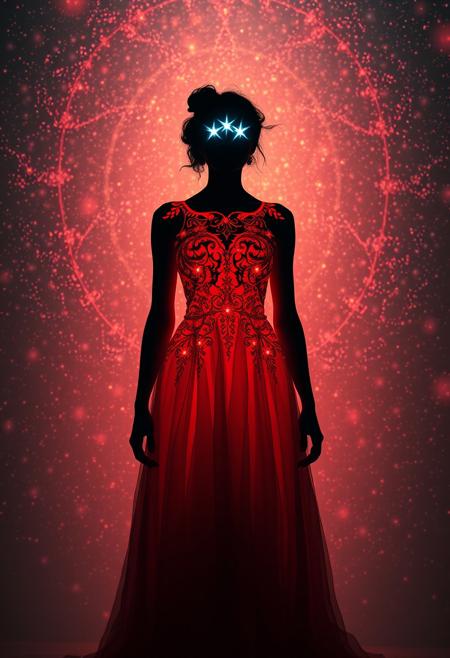 In a mesmerizing, artistic image, a silhouetted figure stands against a vibrant, cosmic backdrop, its body outlined in intricate, swirling star patterns that seem to shimmer and dance in the light. The figure wears a stunning, bright red dress that appears to be made of a thousand tiny, glowing threads, each one pulsing with an inner light. The dress is rendered in exquisite detail, with delicate, lace-like patterns and subtle, textured folds that seem to ripple and flow like the surface of a lake. The figure's eyes glow with an otherworldly blue light, as if they're two tiny, shining stars that have been plucked from the cosmos and placed in the figure's head. The overall effect is one of mystical, dreamlike wonder, as if the figure is a celestial being who has descended from the stars to walk among mortals. The image is bathed in a soft, ethereal light, with subtle shading and texture that creates a sense of depth and dimensionality. Highest-Quality, 4k, intricate details, visually stunning, Masterpiece