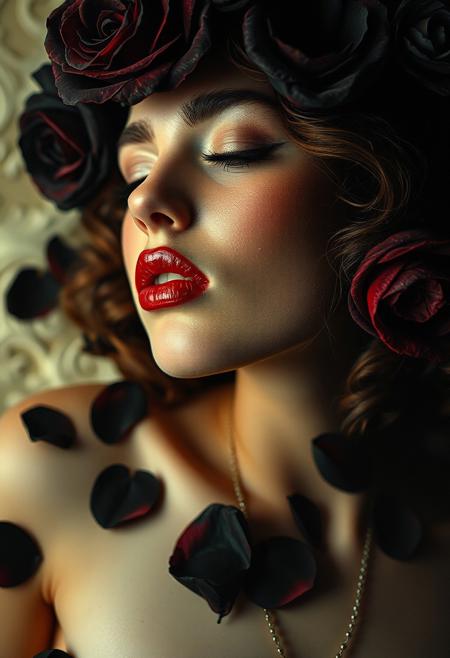 studio light photography, 1930s technicolor movie still, vintage allure, analog raw photo, dramatic lighting dimlit backlit, art by [ Etam Cru, Ralph Steadman, Erte, Mads Berg ], extreme detailed skin, hyperrealistic skin texture and details, in the style of [splash art, alcohol ink, art deco, detailed, dark fantasy, two parts in one art, double exposure, Beautiful sensual lady falling down disintegrating into black rose petals, exploding, psychedelic, vibrant colors, complex detailed background, dark tales, rococo punk, sea marine waves backdrop, nightmare, psychedelic, contemporary Ukiyo-e, surreal, nature, abstract shapes and patterns, lively atmosphere, dreamy, pastel colors, highly detailed beautiful face, iridescent, 2d, flat, cute, adorable, vintage, art on a cracked paper, patchwork, stained glass, fairytale, storybook detailed illustration, cinematic, ultra highly detailed, tiny details, beautiful details, best quality, mystical, luminism, vibrant colors, complex background ]