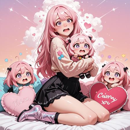 CivChan, purple eyes, pink hair, breathtaking detailed, masterpiece, awe-inspiring, radiant, magnificent, Civcan, wearing a pastel oversized sweater with star patches, long pleated skirt with lace trim, chunky boots with glitter soles, hugging a heart-shaped pillow, big sparkling eyes with teary blush, surrounded by floating sparkles, mini plushies cheering around her, soft gradient sky with dreamy clouds in the background<lora:IL_CivChan.safetensors:0.8:0.8>