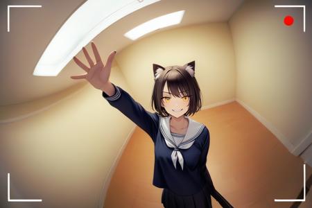 liminal space, 1girl, cat ears, short hair, smirk, serafuku, loafers, looking at viewer, leaning back, arm up, waving, indoors, empty yellow room, hallway, wall, (from above:0.5), viewfinder, (fisheye:0.45), best quality,