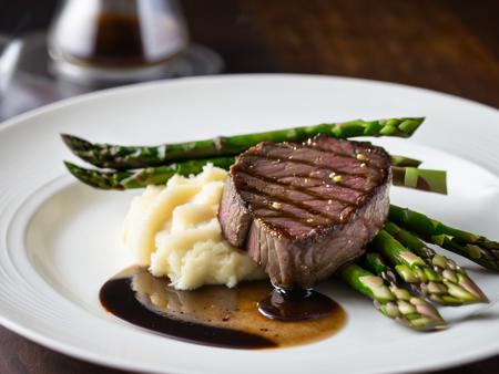 RAW photo, closeup on subject, side view, perfect cut of fillet mignon, cooked rare, dark caramelization, au jus, side of mashed potatoes, side of grilled asparagus, all sitting on a white china plate, steam rising from the food, food photo, DSLR, soft lighting, high quality, film grain, Fujifilm XT