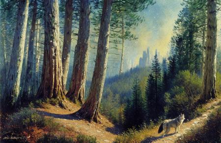 (impressionism:1.1), A wolf with constellation fur , Cliff/Bluff, pine forest, (john berkey:0.9), a painting,scene painting,scenery,