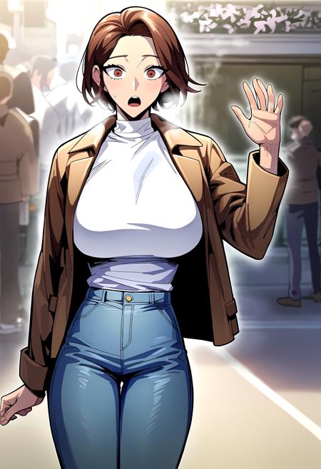 brown hair, short hair, brown eyes sleeveless jacket, black jacket, elbow gloves, boots, black gloves, thighhighs pants, jeans, long sleeves, brown jacket, white shirt, turtleneck crop top, pink shirt, short sleeves, jeans, navel