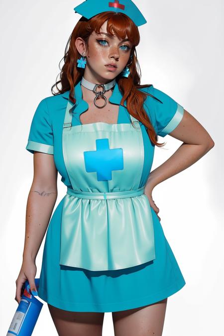 cr33pynurs3,short sleeves,apron,collar,blood on clothes,blue dress,blue headwear,nurse cap,nurse,blood,
