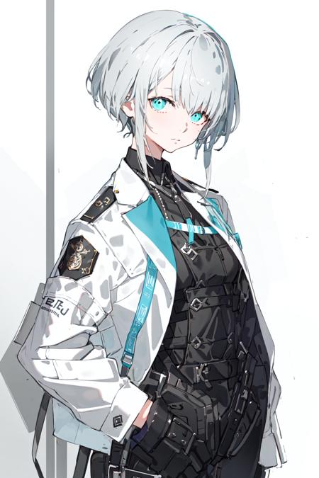 <lora:TechNeco1.2:0.8:OUTALL>,1girl,solo,white hair,short hair,
uniform,jacket,shoulder badge,