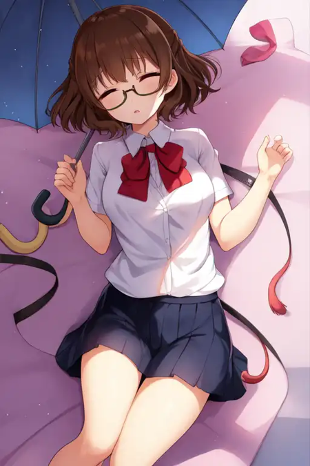 sakuragiyukari, glasses, sleeping, lying, school hallway, umbrella