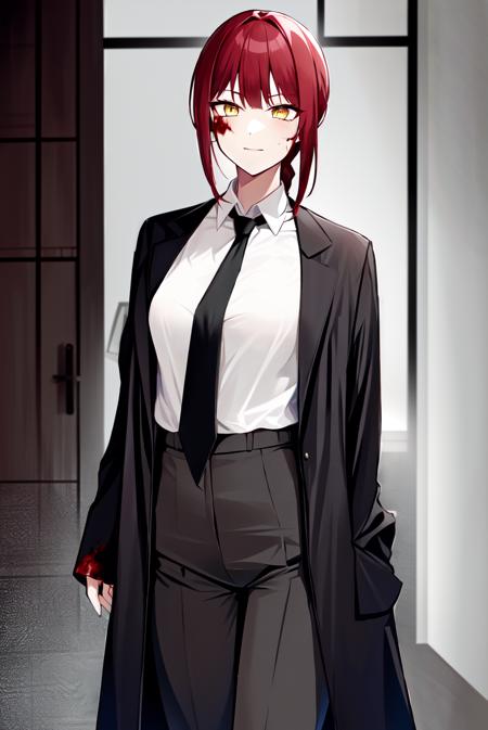 makima \(chainsaw man\), 1girl, bangs, black coat, black necktie, black pants, blood, blood in hair, blood on clothes, blood on face, braid, braided ponytail, business suit, chainsaw man, coat, collared shirt, formal, high-waist pants, highres, indoors, looking at viewer, necktie, office lady, pants, red hair, shirt, shirt tucked in, solo, suit, yellow eyes <lora:makima_offset:1>