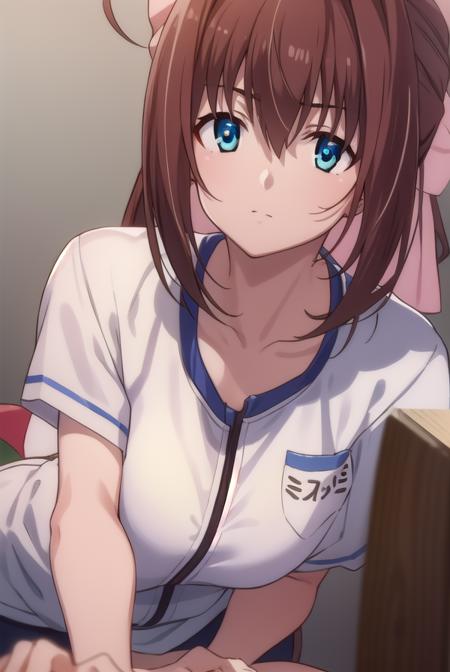 otomeasakura, <lyco:otomeasakura-lyco-nochekaiser:1>,
otome asakura, long hair, brown hair, bow, ahoge, hair bow, pink bow, blue eyes,
BREAK gym uniform, buruma, red buruma,
BREAK looking at viewer,
BREAK indoors, classroom,
BREAK <lyco:GoodHands-beta2:1>, (masterpiece:1.2), best quality, high resolution, unity 8k wallpaper, (illustration:0.8), (beautiful detailed eyes:1.6), extremely detailed face, perfect lighting, extremely detailed CG, (perfect hands, perfect anatomy),