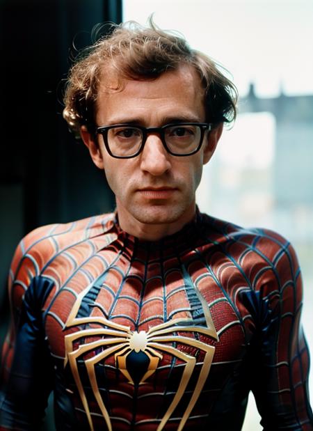 (<lora:WoodyAllen:1>) ,a full body Portrait photo of (wa1) man wearing glasses with short hair, Detailed face, (perfect eyes), (highly detailed skin:1.1), perfect body,  ((wearing spider-man costume)), Modelshoot style, Professional Photography, soft lighting, PHOTOREALISTIC, Realistic, standing in a dark studio background, blurred background, volumetric fog,. RAW, analog style, sharp focus, 8k, HD, DSLR, high quality, Fujifilm XT3, film grain, award winning, masterpiece,