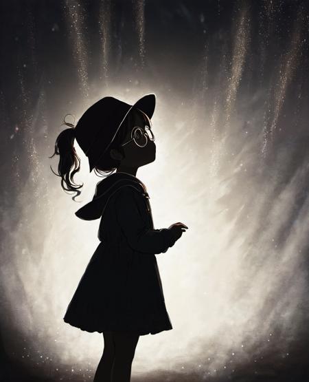 a young girl, wearing a hat and glasses. She is standing in a dark room, possibly a dark forest, with her hair in a ponytail. The girl appears to be looking up, possibly observing something or someone in the room, masterpiece, best quality, light particle, solo, standing, pixiv, depth of field, cinematic compotision, best lighting