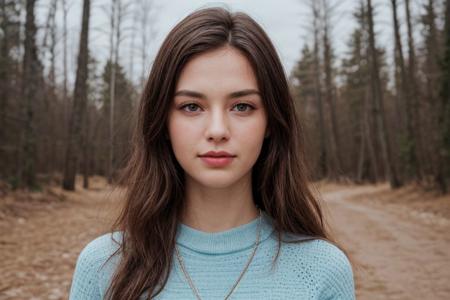 35mm film, one pretty european girl, solo, supermodel, brown hair, long wavy hair, pale skin, perfect face, small nose, blue eyes, lips, collarbone, big tits, nice breasts, cleavage, necklace, jewelry, blue lace dress, looking at viewer, looking at viewer, a breathtaking forest view, offering panoramic views of majestic and sweeping valleys, nature light, upper body, epiCPhoto, <lora:pytorch_lora_weights:0.5>, <lora:picxer_real:0.7>, <lora:FilmVelvia3:0.3>, <lora:more_details:0.6>