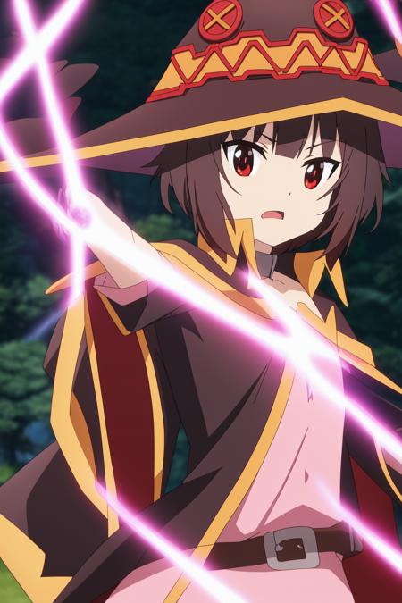 <lora:Bakuen_Megumin:0.7> megumin, dynamic pose, magic staff, outdoors, cast spell, 8k, masterpiece, absurdres, anime, screencap,