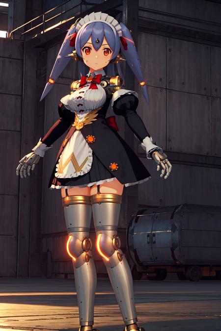 <lora:hanajkV1:0.8>,hanajkmaid,1girl,robot joints,robot,robot spikes ears,blue high twintails,long hair,purple hair,blue hair,whihte maid headdress,red long hair ribbon,orange eyes,game3d style||red bowtie,large breasts,long juliet sleeves,white maid apron black short dress,white thighhighs with gold trim,oragnge garter straps,factory background,, Exquisite visuals, high-definition,masterpiece,best quality,Exquisite visuals,high-definition,masterpiece,best quality,18yo,Young female,Beautiful Fingers,Beautiful long legs,Beautiful body,Beautiful character design,