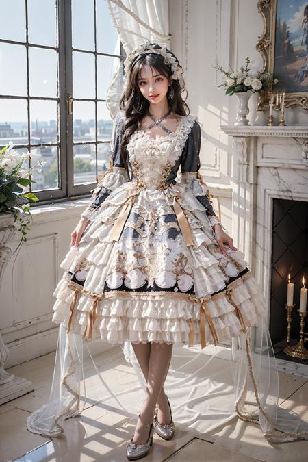 best quality, quality, masterpiece, photorealistic, 1girl, full body, looking at viewer, smile, long hair, black hair, arms at side, lo dress, layered dress, frilled dress, criss-cross halter, hair ornament, white pantyhose, high heels, detailed background, indoors, palace, luxury decorations, window, sunshine, <lora:lo_dress_style4_v1:0.65>