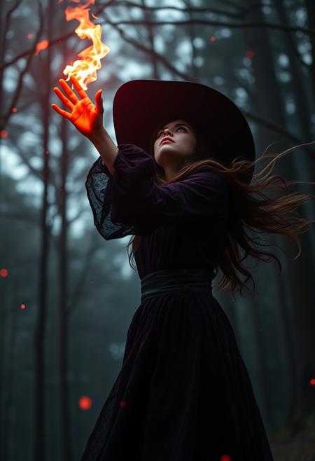 A cinematic full body shot of a female, nice witch, powerful spells and and flames emerging from her hand, layered red and purple lines.  (Eldritch symbols and in the background: 1.5). Everything is happening in a forest. Looking at viewer. She is flying in the air and looking up at the sky, enjoying her power. Use subtle red starburst and bokeh elements, with enhanced volumetric lighting to create a vibrant, high-contrast scene. Ensure the image maintains a surreal, emotionally impactful atmosphere in 8k resolution with intricate skin texturing. Angry. Ultrarealistic. absurdres.. (Flying in the air with her hands up: 1.3)