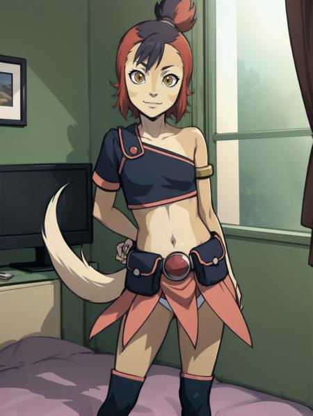 best quality  <lora:Wilykit_v3a:1.8> 1girl, wilykit, tail, standing, looking at viewer, cowboy shot
wkoutift, crop top, single strap, armlet, midriff, single vambrace, utility belt, belt pouch, skirt, barefoot, detatched leggings
indoors, bedroom