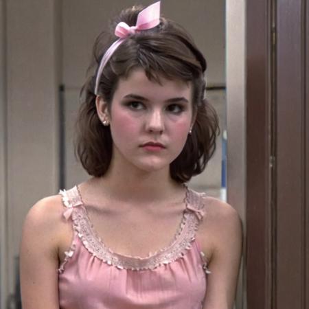 <lora:allysheedy_sdxl:1>   allysheedy, candid photo of a teenage student, detailed skin,  wearing a pink fringed sleeveless blouse and hair bow and makeup and lipstick standing inside a high school classroom peeking from behind a door, looking at the viewer, bounced lighting,  <lora:VHSfootage:1> vhsfootage