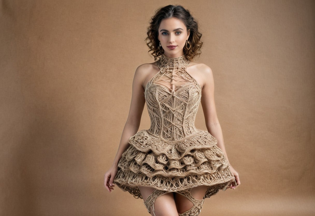 score_9, score_8_up, score_7_up, 
photo of a stunning 30 year old babe, 
shes wearing an elaborate dress made of cardboard and yarn, creative dress, aesthetic design, nicely fits her attractive form, 
full body shot, 
epic photo, perfect background,
highest quality